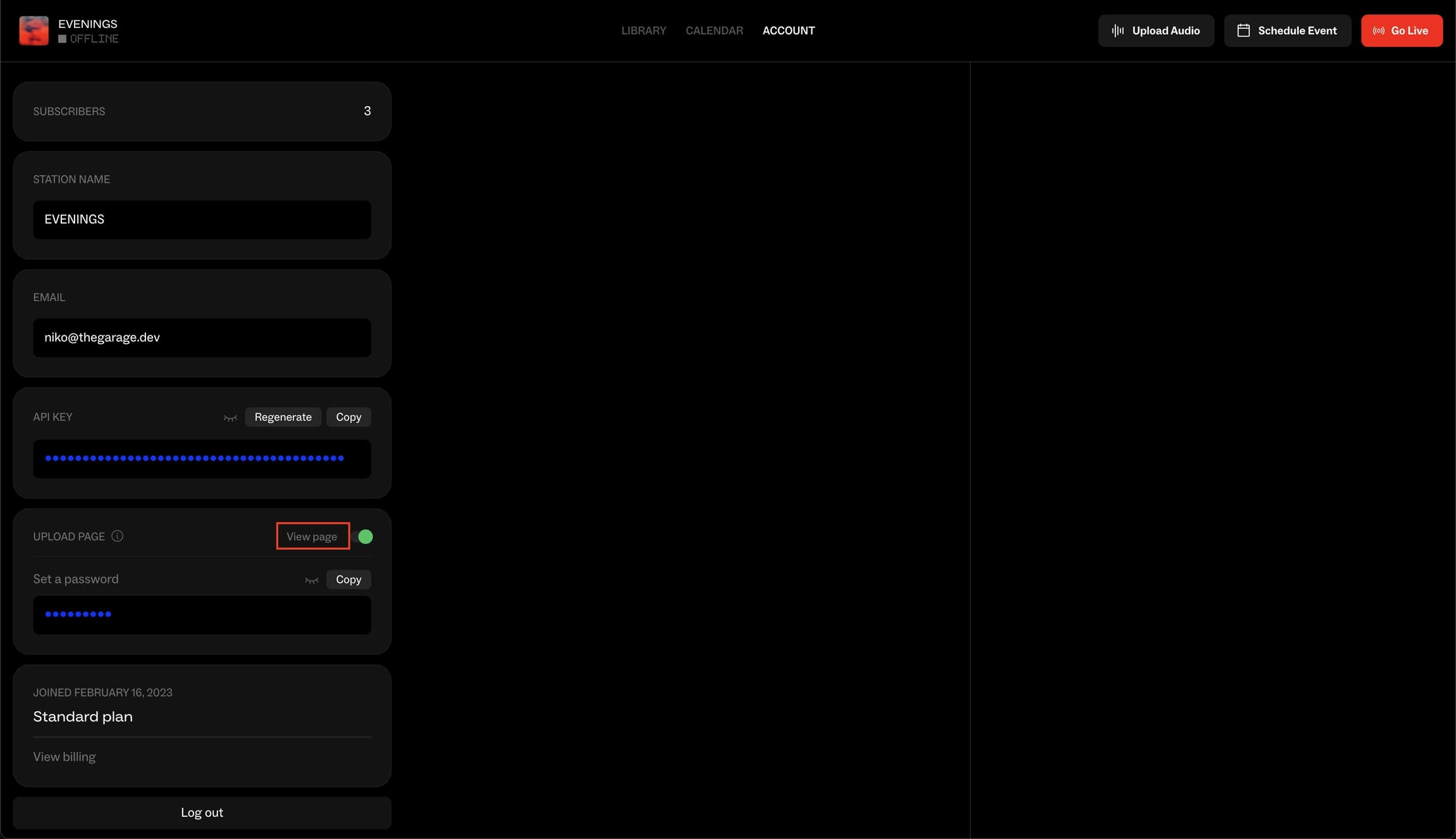 View page link highlighted next to the enabled Upload Page toggle