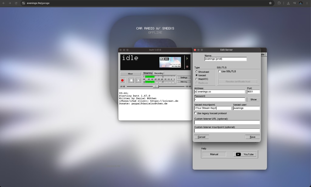 Butt Edit Server dialog with Icecast settings for s2.evenings.co, port 8001, and stream key mountpoint